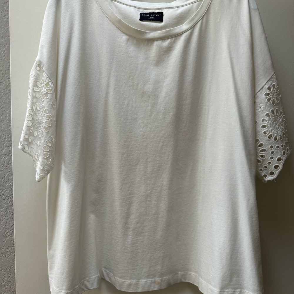 Lane Bryant woven, crew neck, eyelet sleeve tee